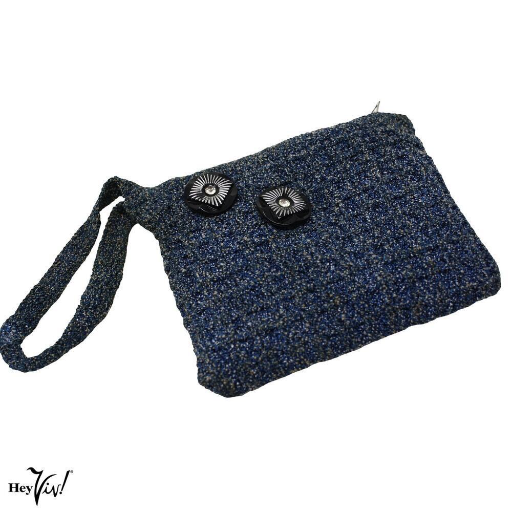 Vintage 50s 60s Handmade Wristlet Clutch Blue Nubby w Button Trim 6x5 - Hey Viv